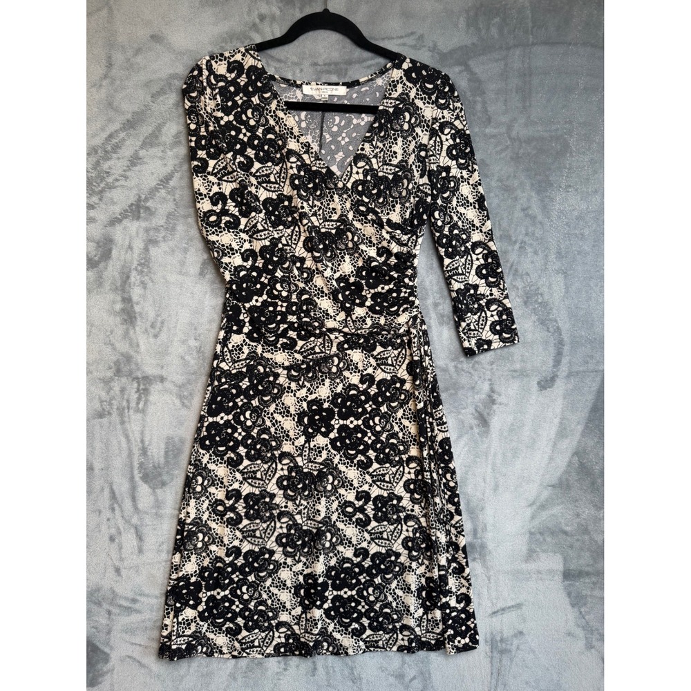 Evan Picone Black & White Floral Lace Print V-Neck Dress Size 6 EUC